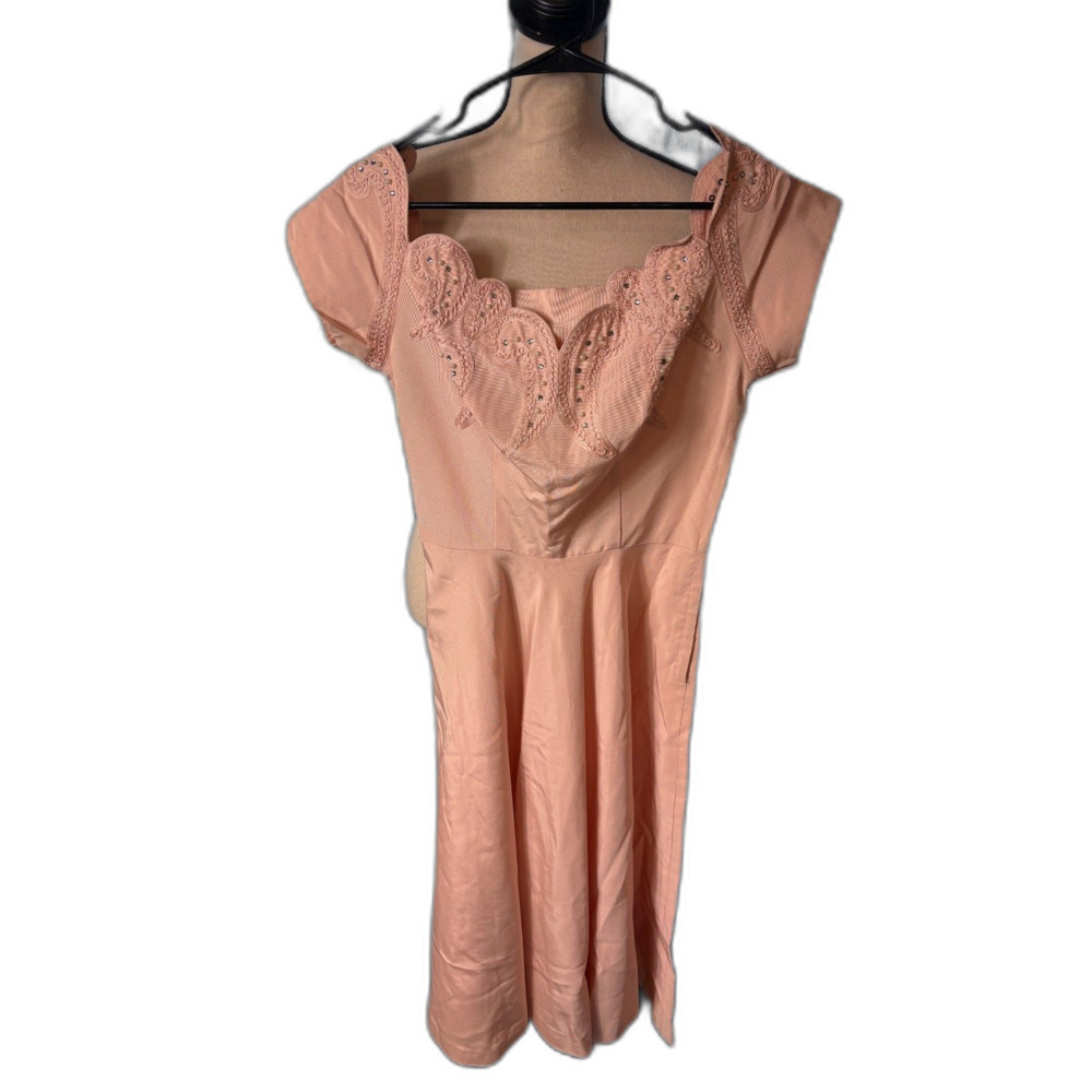 Vintage Peach Pink Rhinestone Formal Dress Size 3 Cap Sleeve